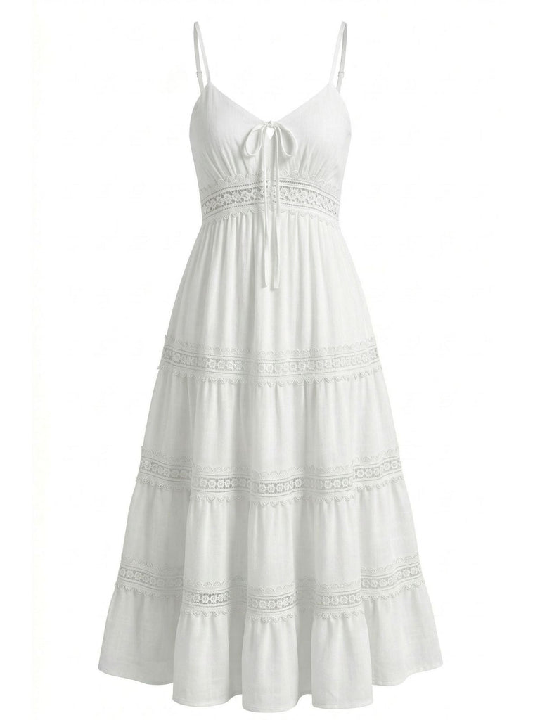 Blanc Bretelles Fines Bohème Dentelle à Volants Étagés Robe Années 1970 2