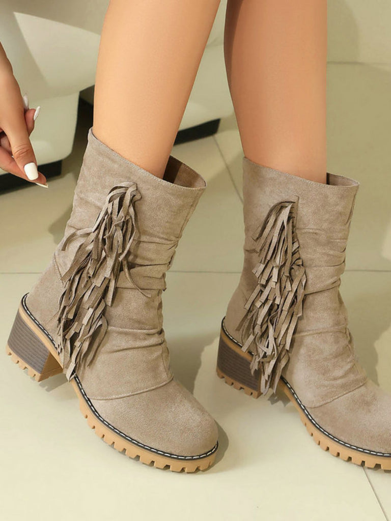 Bottes en suédine à revers modulable, franges et talons épais - 14