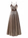 Metallic evening gown with cut-out design on a white background