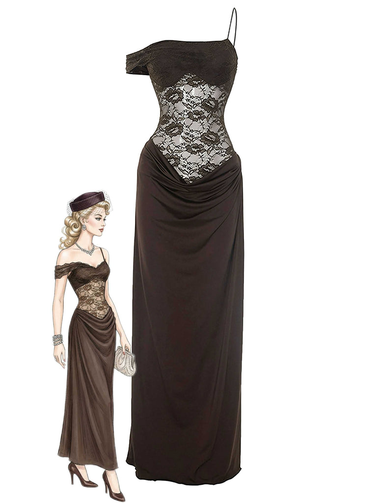 A floor-length brown maxi dress featuring an asymmetrical cold-shoulder neckline and a contrasting white lace-overlay bodice, shown with a retro-style fashion illustration.