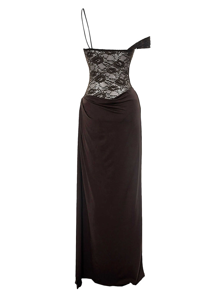Side-angled view of the brown maxi dress showcasing the single spaghetti strap and off-the-shoulder draped sleeve.