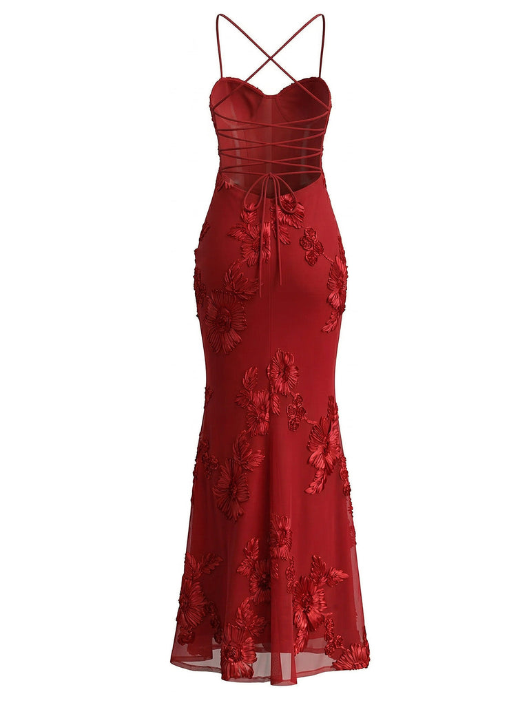 Bretelles Fines 3D Floral Maxi Robe Sirène Années 1930 12
