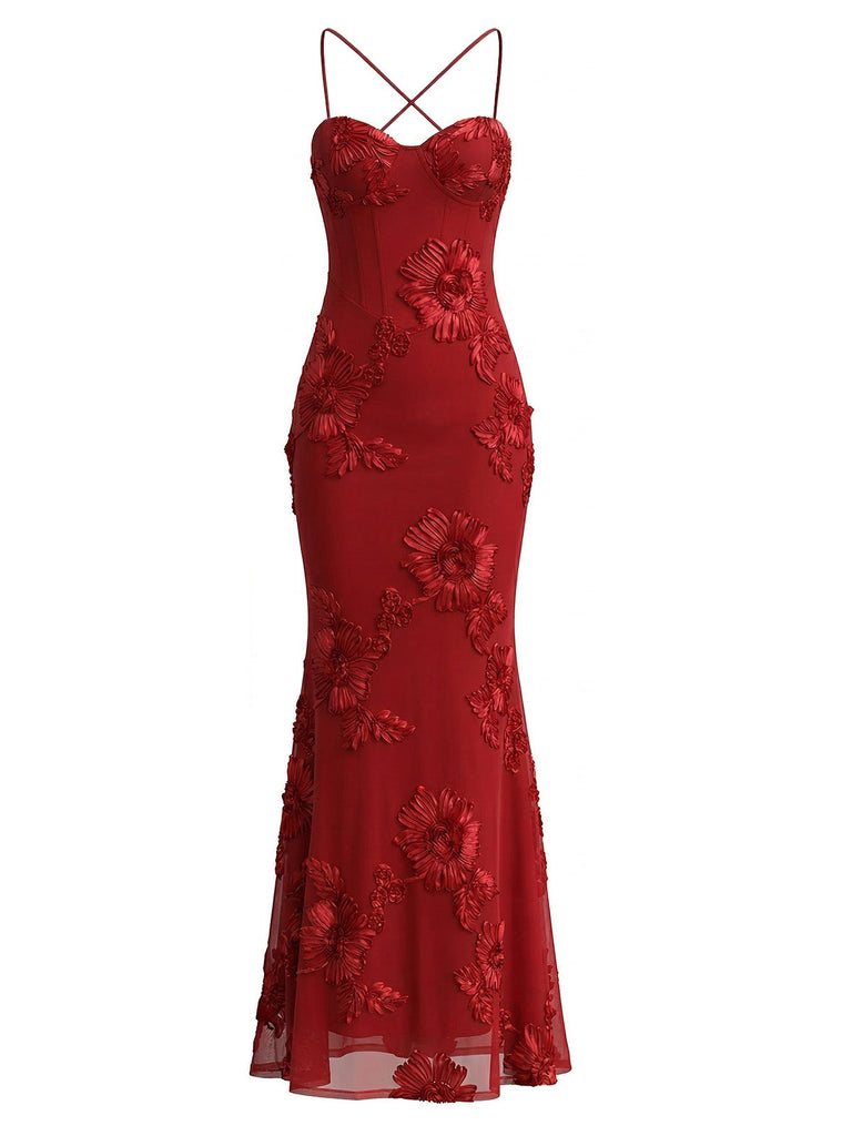 Bretelles Fines 3D Floral Maxi Robe Sirène Années 1930 11