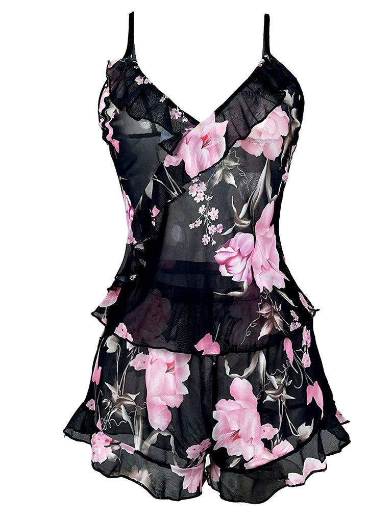 Ensemble pyjama fleurie noir à volants col V années 1930