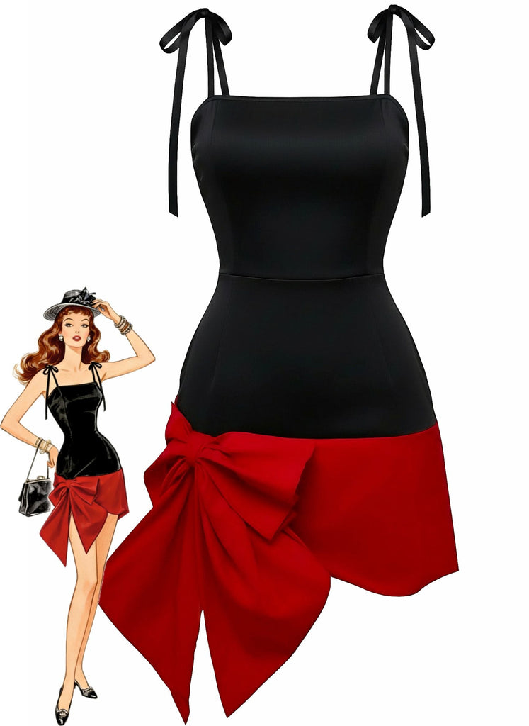 Robe noire à col carré et nœud papillon rouge années 60