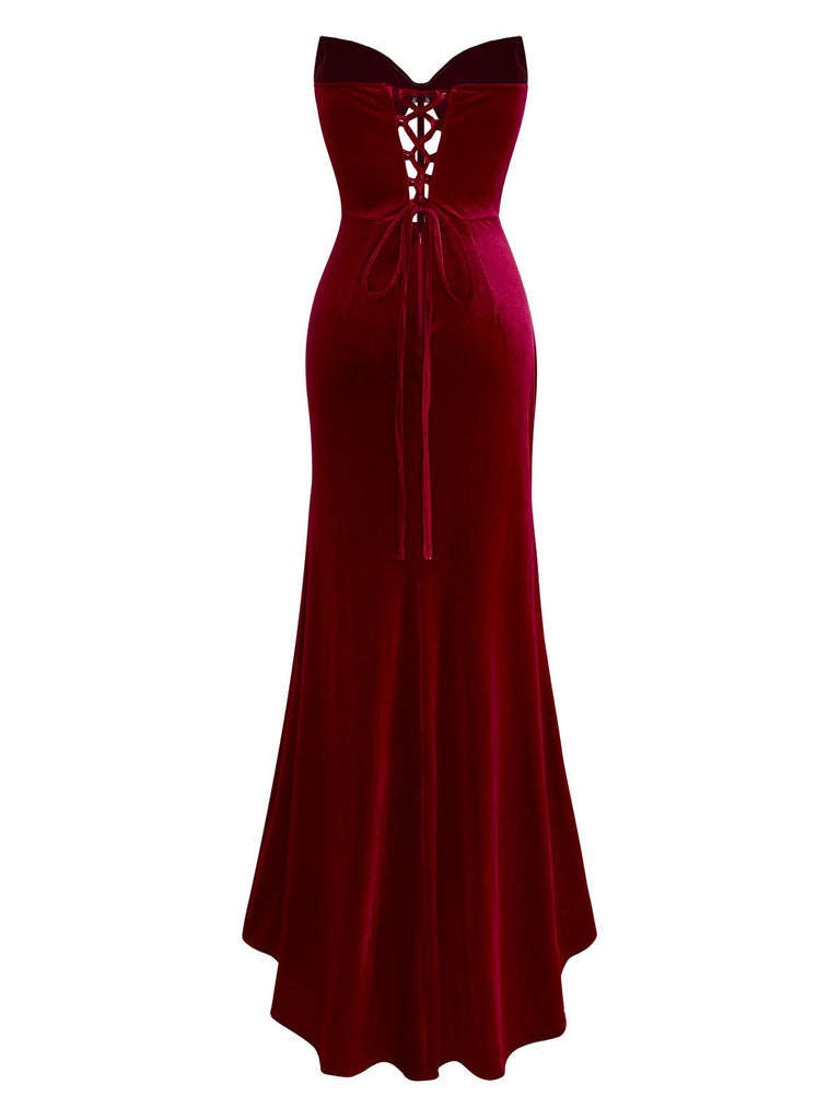 Robe bustier baleinée fendue en velours bordeaux des années 1980