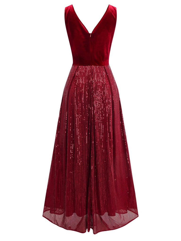 Robe longue bordeaux en velours à sequins col en V style années 1950