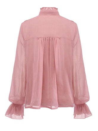 Chemisier col haut et volants en mousseline rose des années 1980