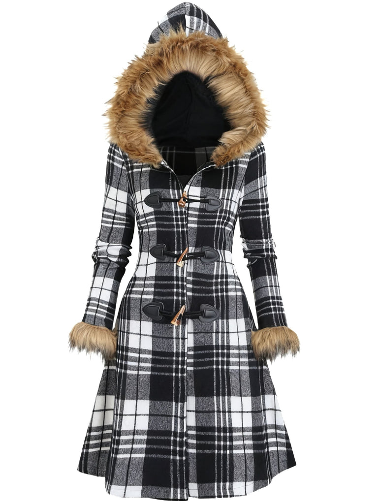 Manteau à capuche à carreaux et bordure en fausse fourrure années 1940