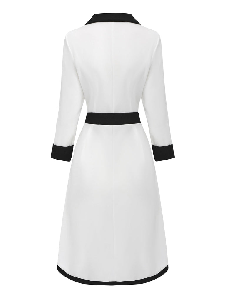 Robe boutonnée à col en V profond blanche et noire années 1940