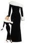 Robe maxi noire à une épaule et bordure en fourrure années 1980