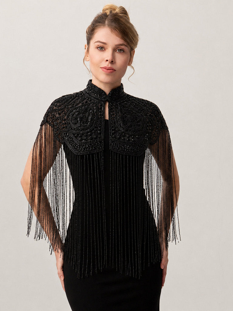 Cape Courte Gatsby à Col Montant, Perles et Franges Années 1920 - 2