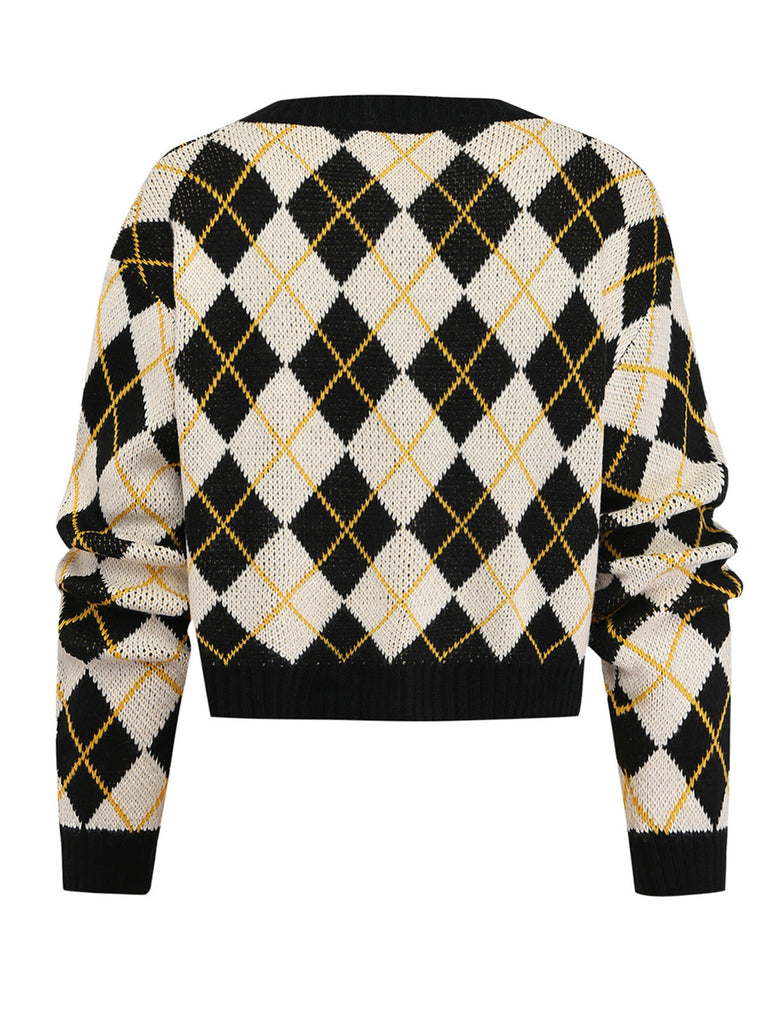 Cardigan en maille à losanges, col V et boutons Années 1980 - 3