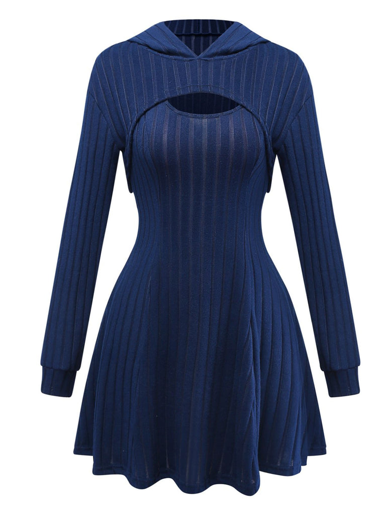 Robe à capuche en tricot côtelée et découpes avec cape des années 1940