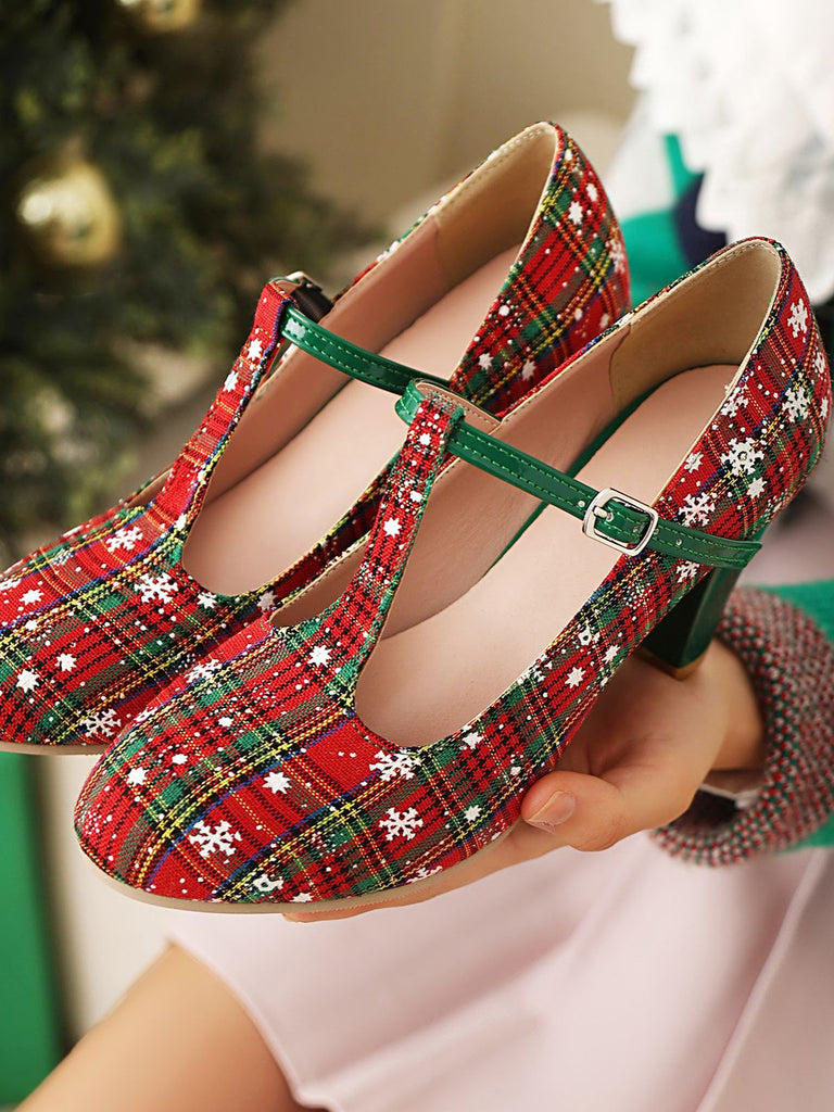 Chaussures Mary Jane à Talons Hauts, Bride en T, Carreaux et Flocons de Noël - 5