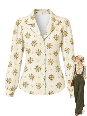 [Prévente] Chemise à imprimé floral, col revers et manches longues Années 1960 - 1