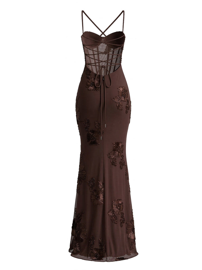 Bretelles Fines 3D Floral Maxi Robe Sirène Années 1930 8