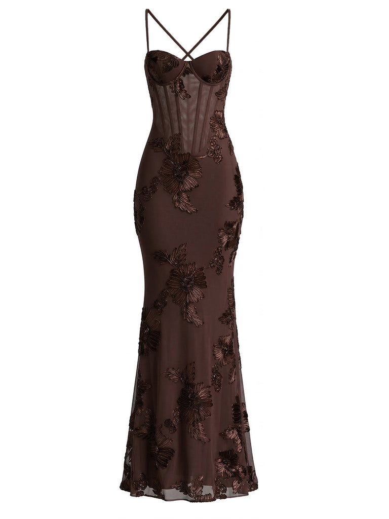 Bretelles Fines 3D Floral Maxi Robe Sirène Années 1930 7