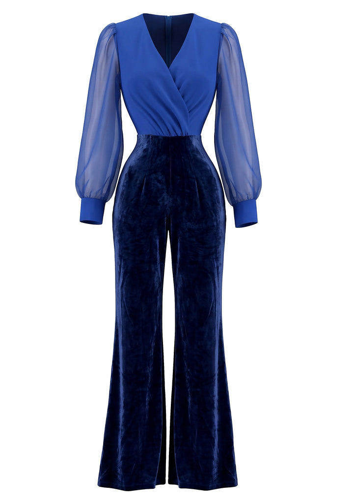 Combinaison Bleu Cobalt en Velours à Manches Transparentes Années 1970 - 1