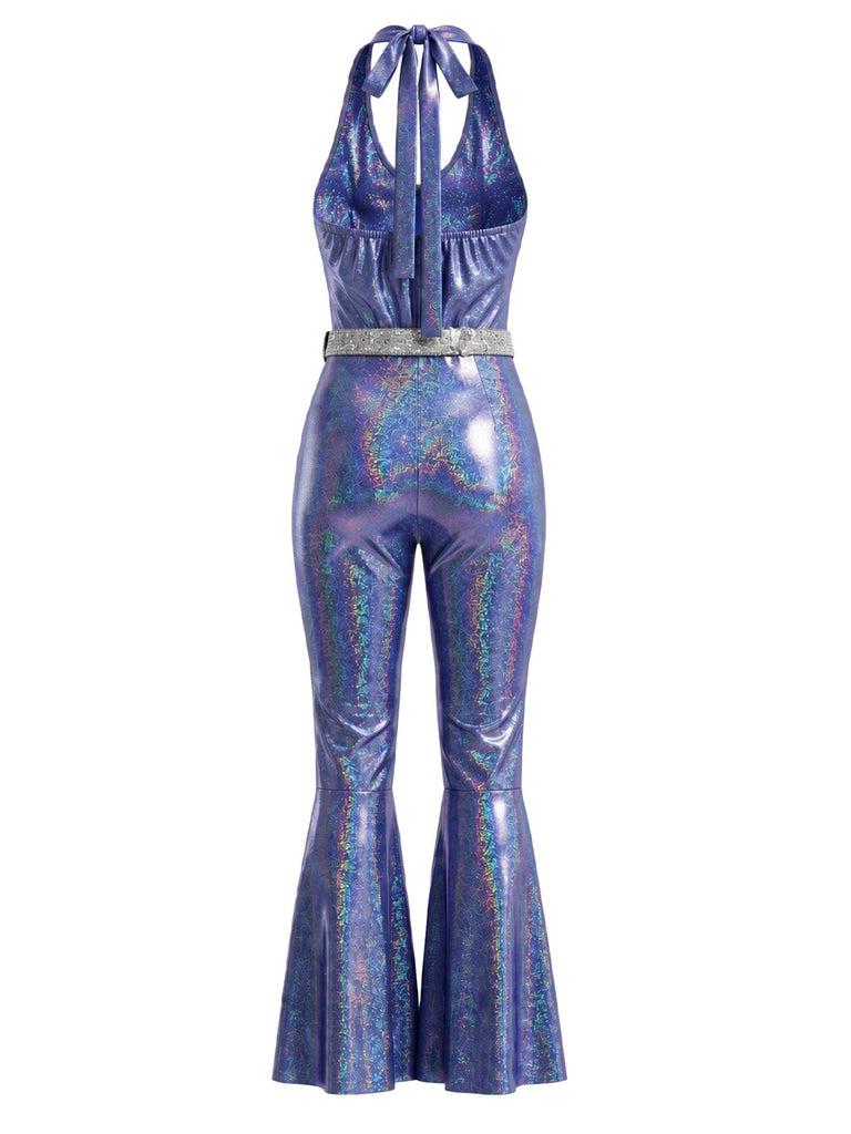 Combinaison disco métallisée holographique à col dos-nu, ceinture et jambes évasées Années 1970 - 3