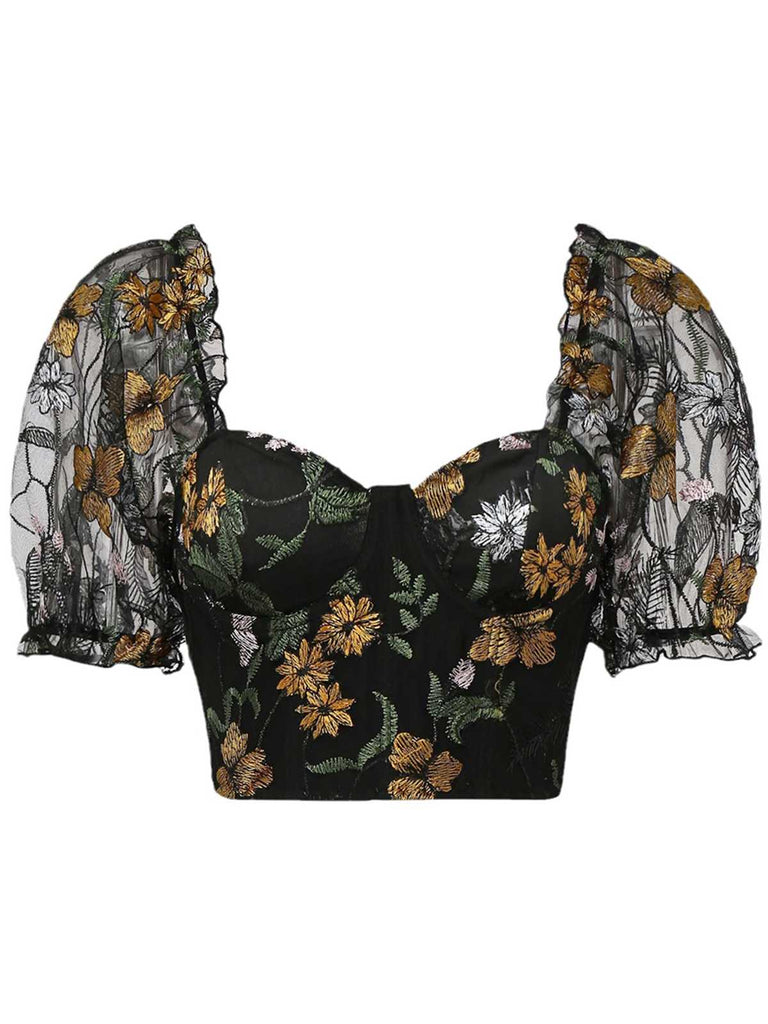 Haut court noire manches bouffantes en maille brodée de fleurs des années 1960