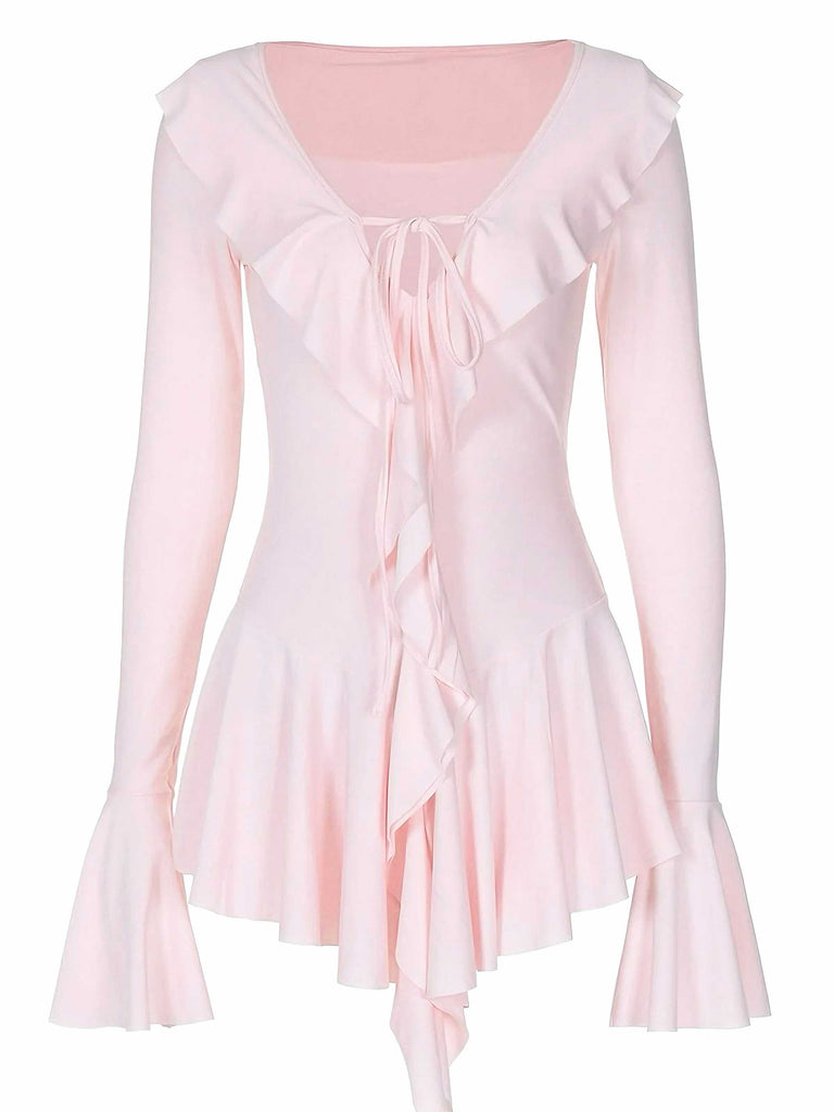 Robe rose col en V et manches évasées volants années 60