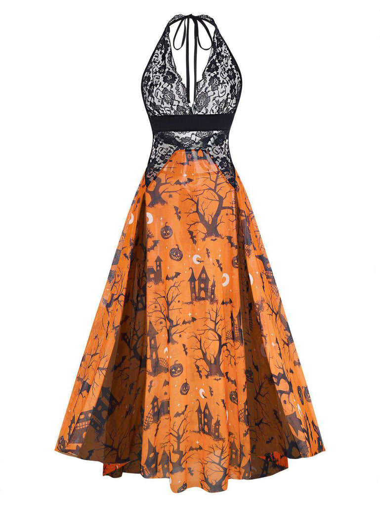 Robe de nuit orange col licou en dentelle imprimée citrouille d'Halloween années 1970