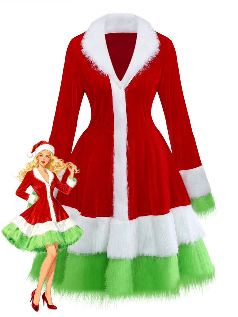 Robe rouge et verte à bordure en fourrure Grinch des années 1940
