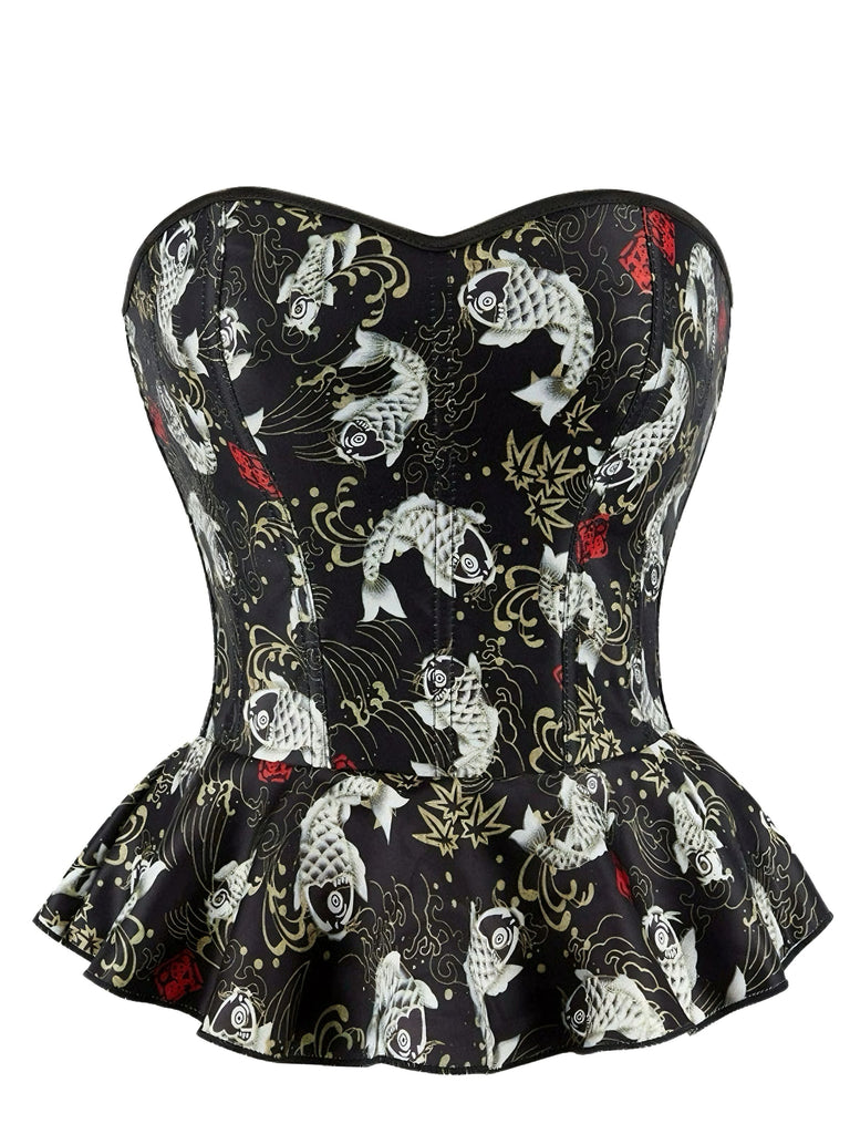 Corset noir à volants sans bretelles à imprimé poissons koï des années 1970