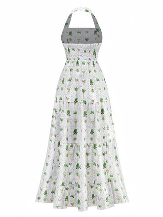 Robe licou verte à imprimé palmiers et carreaux des années 1970