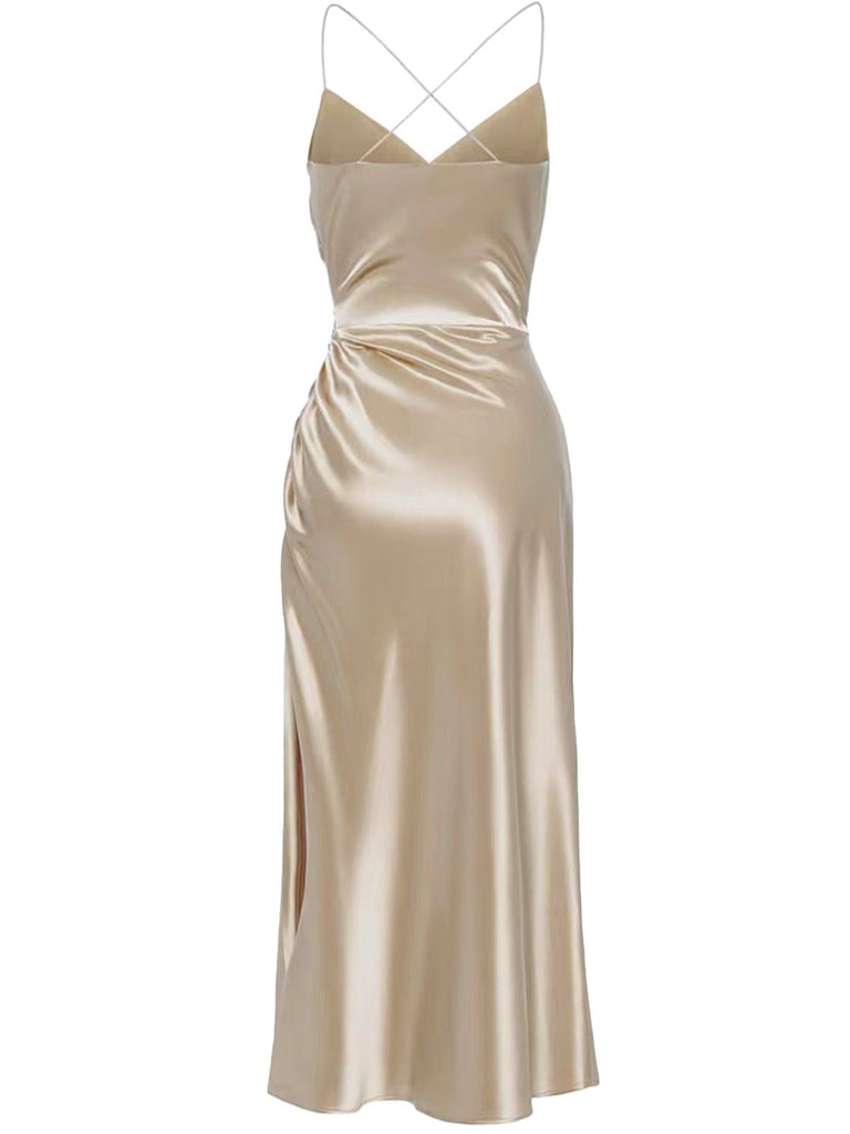Robe nuisette en satin bretelles croisées dans le dos champagne années 1930