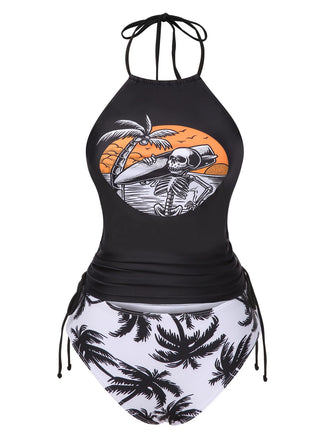 Ensemble tankini noir à imprimé squelette punk années 1980