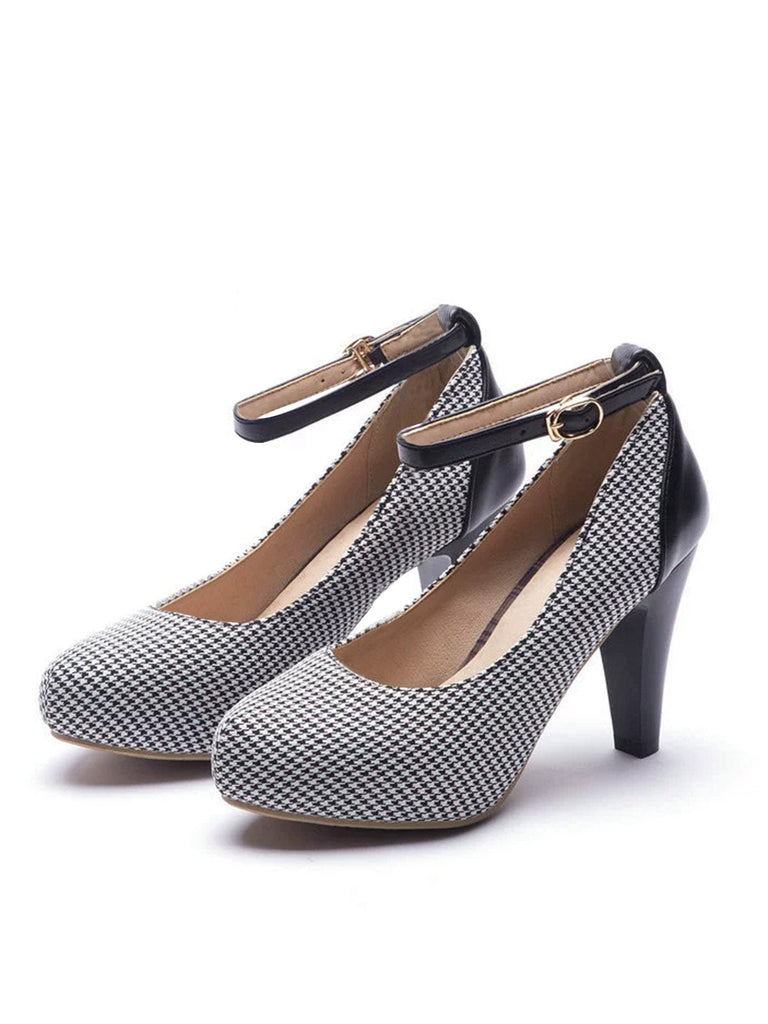 Escarpins vintage pied-de-poule talons coniques et bride cheville
