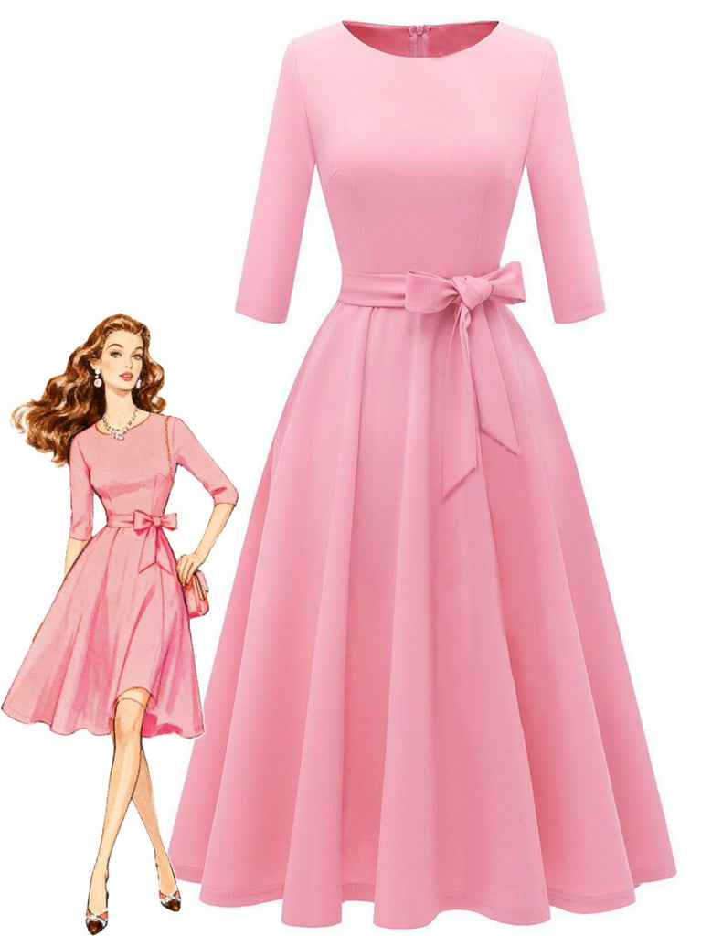 Robe trapèze manches trois-quarts à nœud papillon années 1940