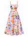 Robe longue à bretelles multicolore motif vie marine des années 1970