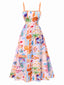 Robe longue à bretelles multicolore motif vie marine des années 1970
