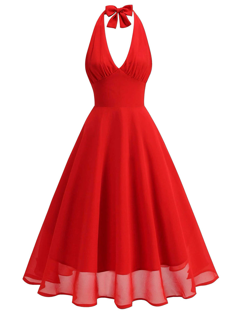 Robe dos nu en maille col V et licou des années 1950