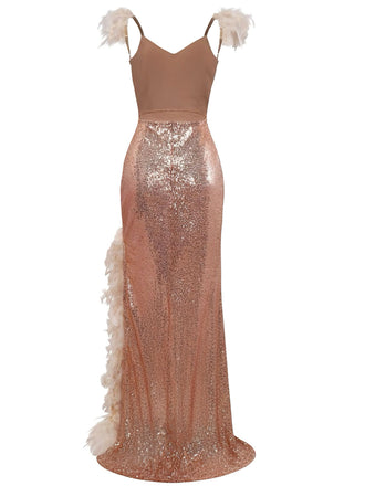 Robe sequins col en V bretelles à plumes fente haute années 1930