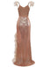 Robe sequins col en V bretelles à plumes fente haute années 1930