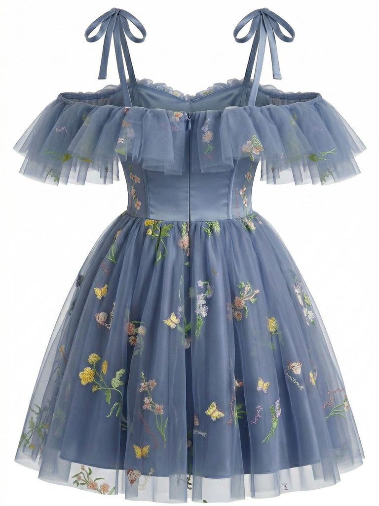 Épaules Dénudées Floral Brodé Filet Robe Années 1950 2