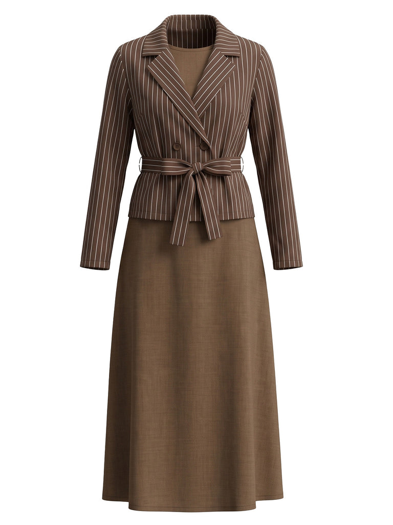 Ensemble 2 pièces blazer à fines rayures et robe midi trapèze Années 1940 - 2
