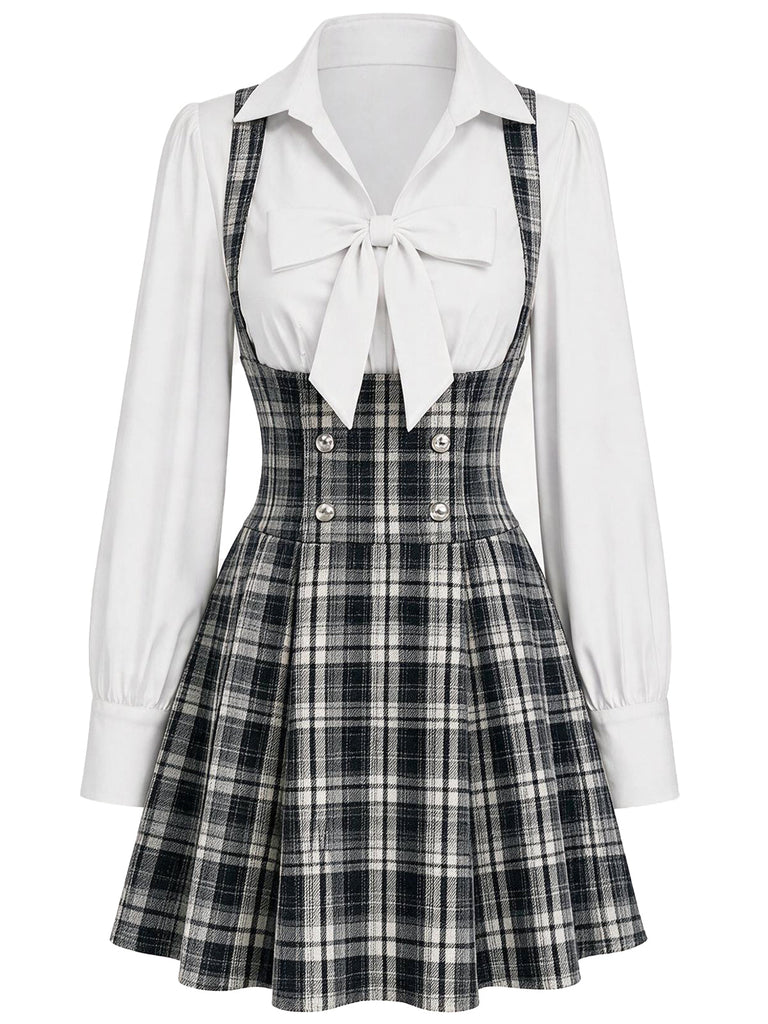 [Prévente] Ensemble 2 pièces blouse blanche à col revers et nœud et jupe à bretelles à carreaux Années 1940 - 2