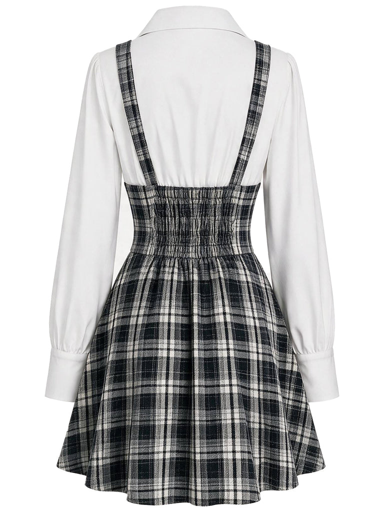 [Prévente] Ensemble 2 pièces blouse blanche à col revers et nœud et jupe à bretelles à carreaux Années 1940 - 3