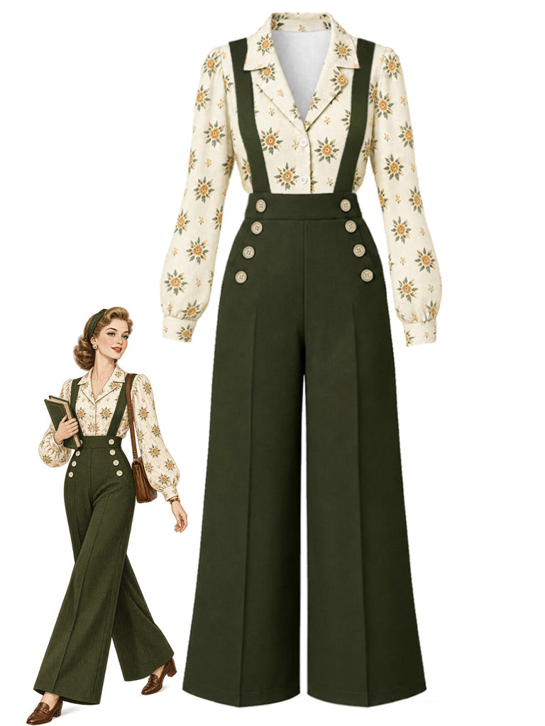 [Prévente] Ensemble 2 pièces chemise à imprimé floral et salopette Années 1960 - 1