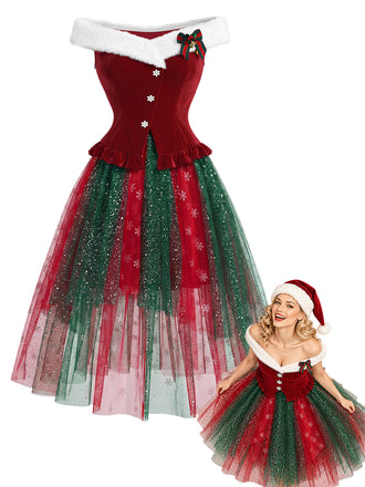 [Prévente] Ensemble 2 pièces haut en fourrure à épaules dénudées et jupe en tulle à flocons de Noël Années 1950 - 1