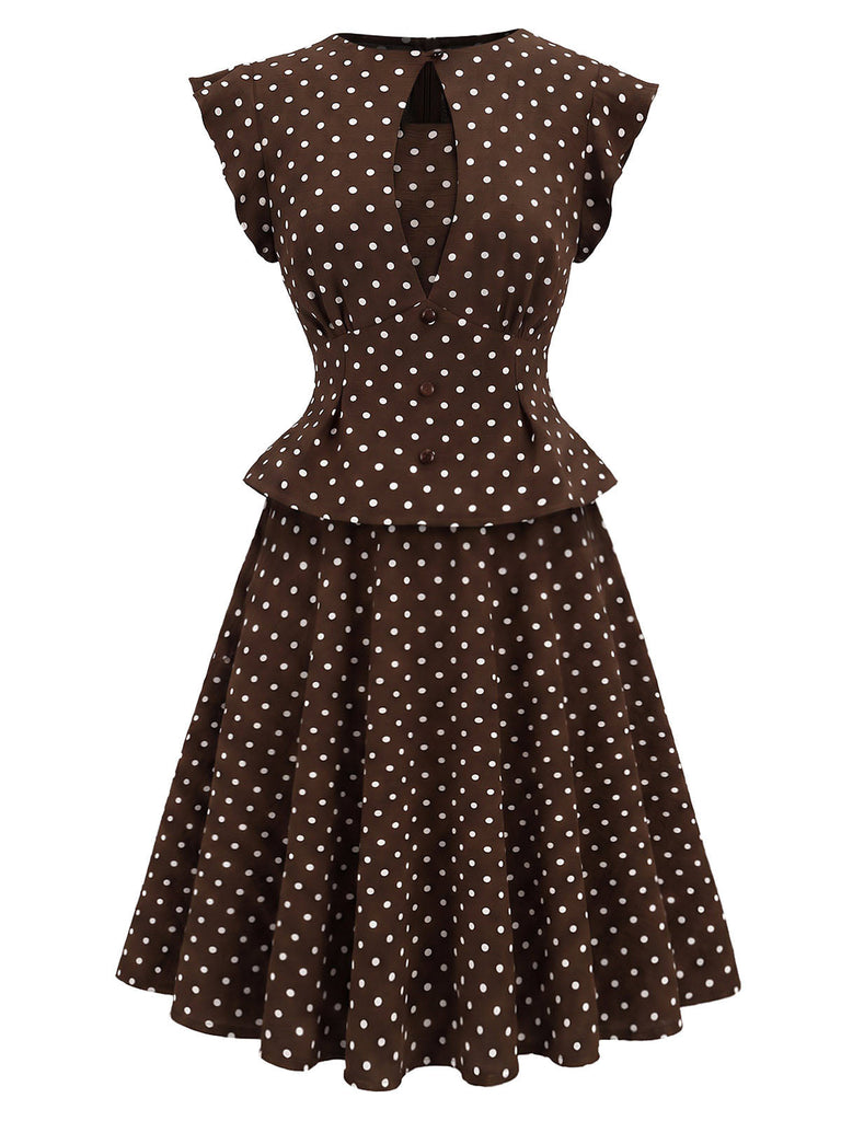 [Prévente] Ensemble haut marron à pois, col à nouer et basque et jupe Années 1950 - 4