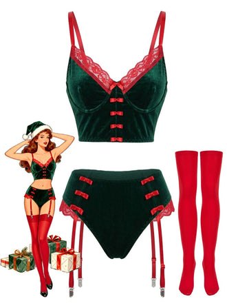 Ensemble lingerie de Noël vert en velours à dentelle, nœud et porte-jarretelles Années 1960 - 1