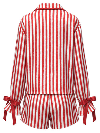 [Prévente] Ensemble pyjama avec short à rayures verticales rouges et blanches et rubans Années 1950 - 2