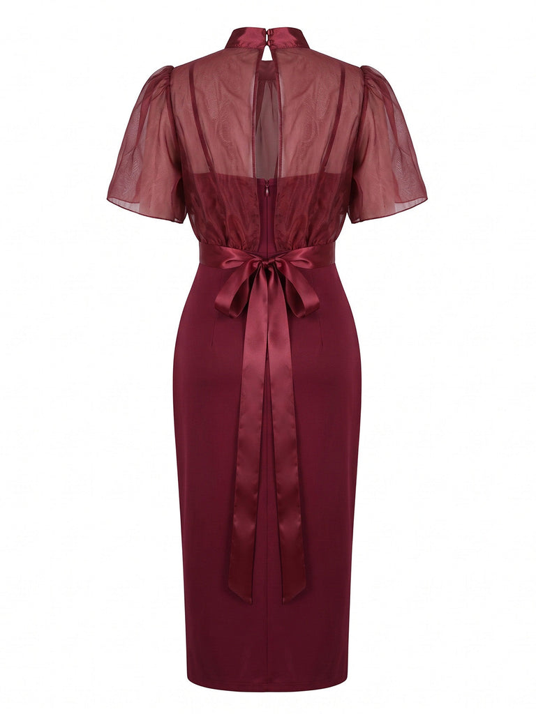 Ensemble Robe Crayon Bordeaux Froncée à Fines Bretelles et Haut Transparent Années 1960 - 3