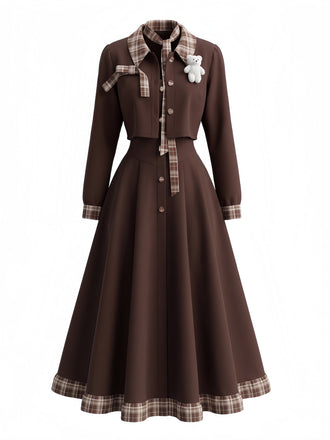 Ensemble Robe Marron à Fines Bretelles et Veste Courte à Bordures à Carreaux Années 1940 - 2